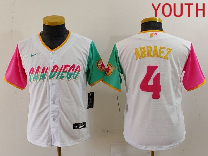 Youth San Diego Padres #4 Arraez White City Edition Nike 2024 MLB Jersey style 1->->
